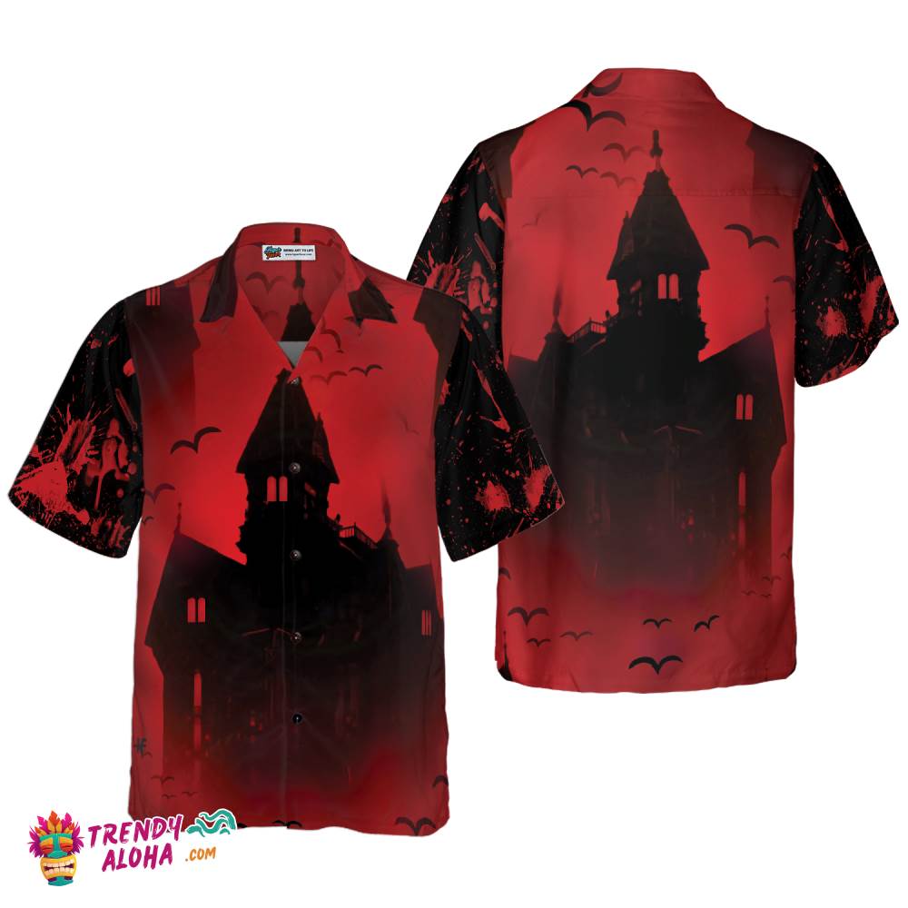 Scary Vampire Castle Halloween Hawaiian Shirt For Men, Black And Red Castle Transylvania Hawaiian Shirt