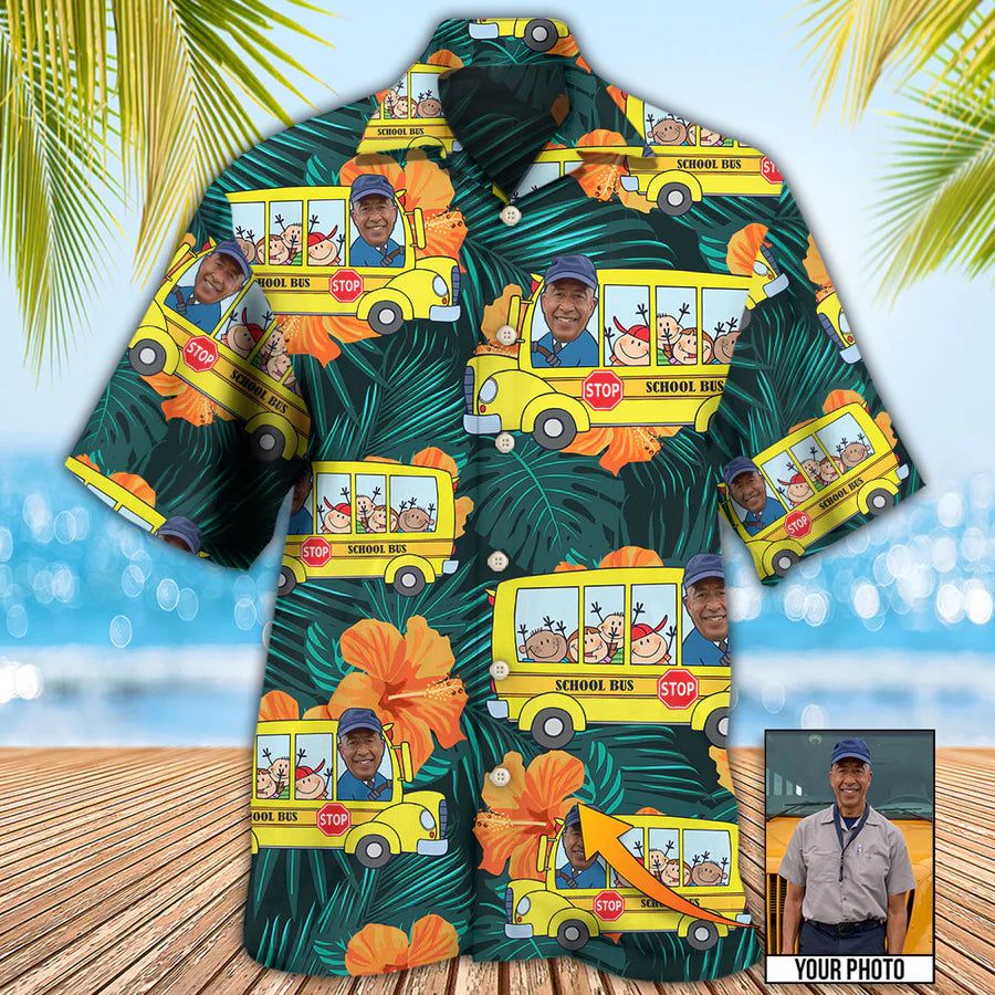 School Bus Driver Tropical Custom Photo Hawaiian Shirt
