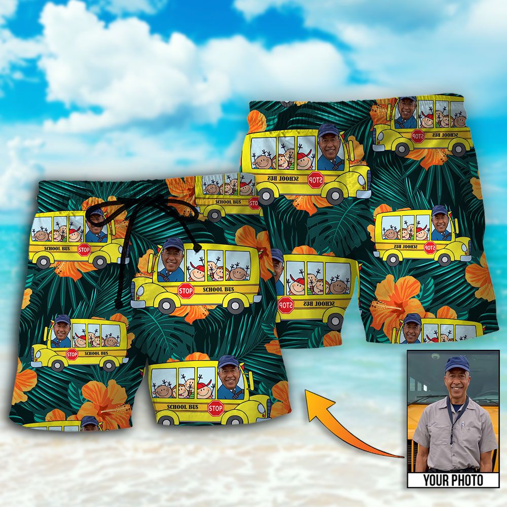 School Bus Driver Tropical Custom Photo Trendy Aloha Hawaiian Beach Shorts