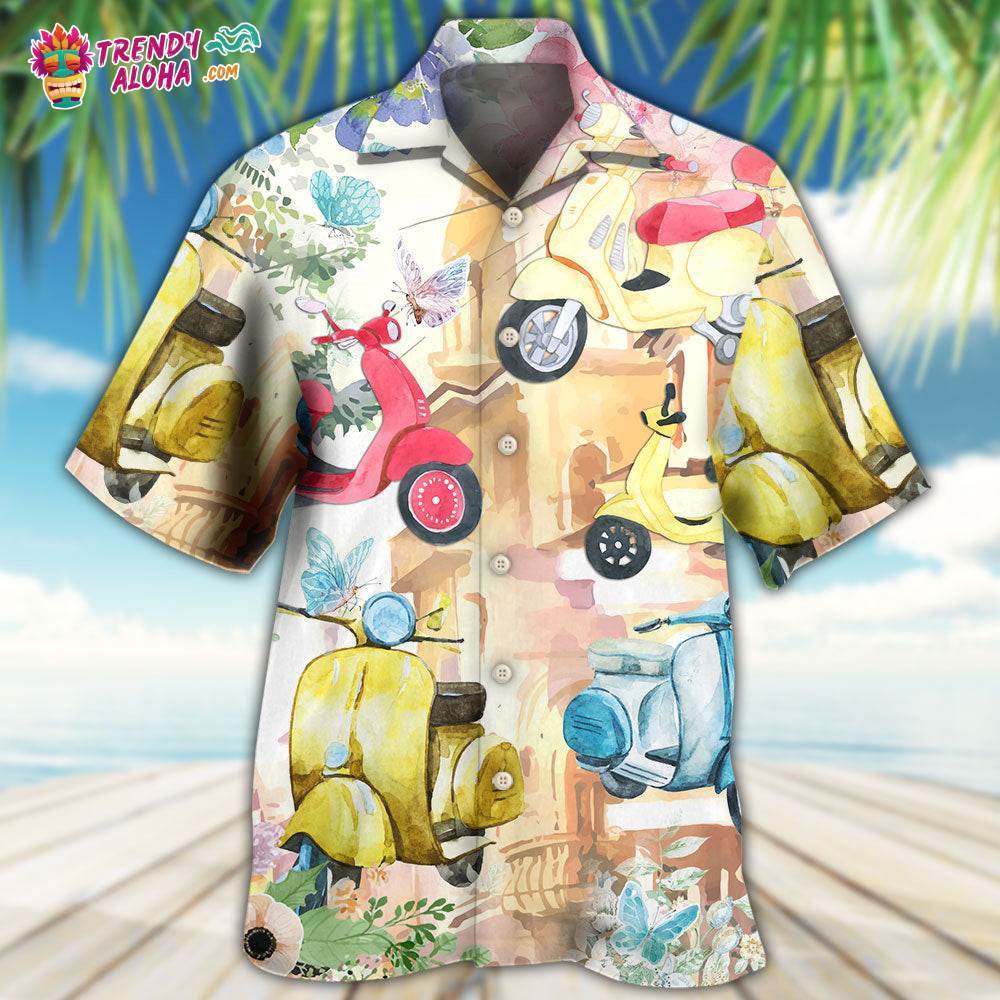 Scooter And Flowers Watercolor Art Hawaiian Shirt – Trendy Aloha