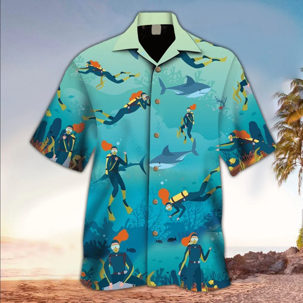 Scuba And Shark Trendy Hawaiian Shirt, Shark Lover Trendy Hawaiian Shirt