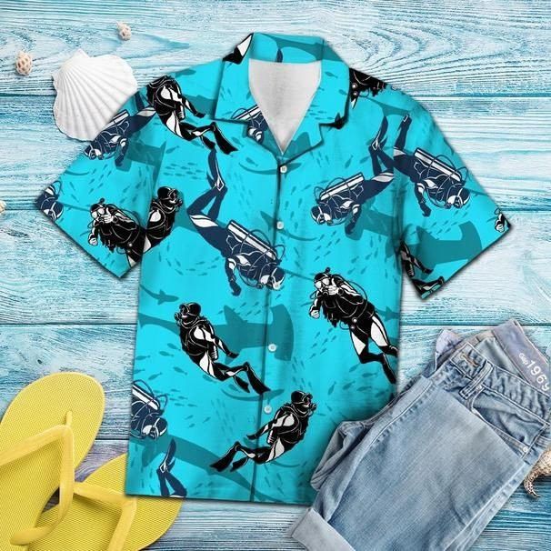 Scuba Driving With Shark Tropical Trendy Hawaiian Shirt