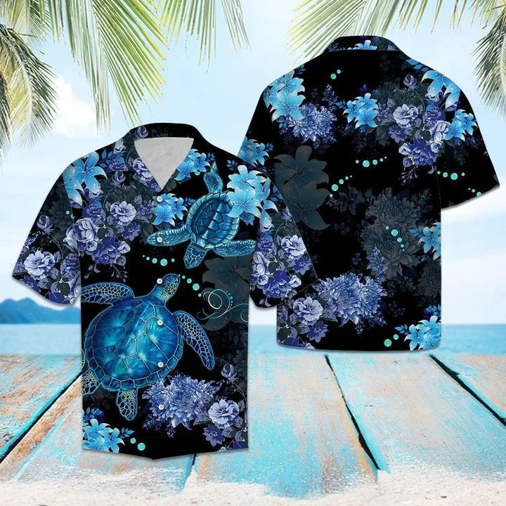 Sea Turtle Blue And Black Trendy Hawaiian Shirt