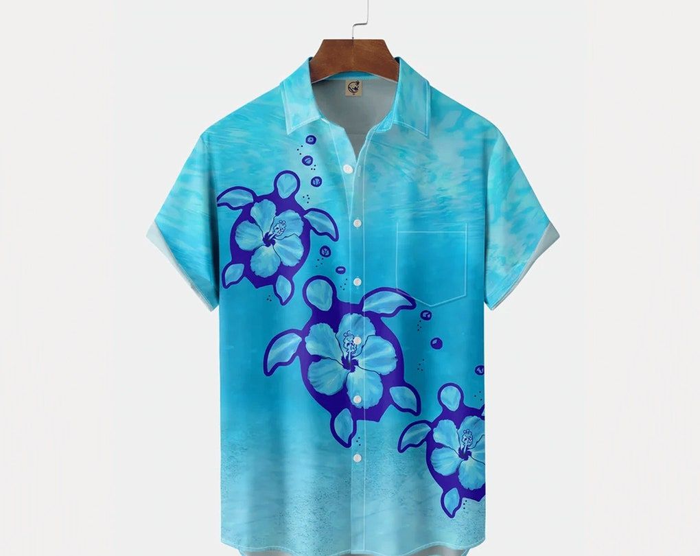 Sea Turtle Chest Pocket Short Sleeve Trendy Hawaiian Shirt, Aloha Tropical Hawaii Shirt, Gift For Family, Hawaiian Set Gift, Funny Trendy Hawaiian Shirt.