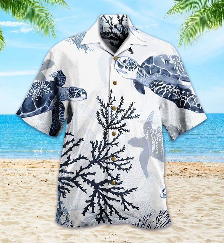 Sea Turtle Coral Beach Blue Trendy Hawaiian Shirt 3D, Coral Trendy Hawaiian Shirt For Summer Gifts