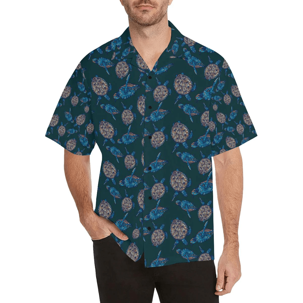 Sea Turtle Hand Drawn Blue Print Trendy Hawaiian Shirt, Turtle Lover Trendy Hawaiian Shirt For