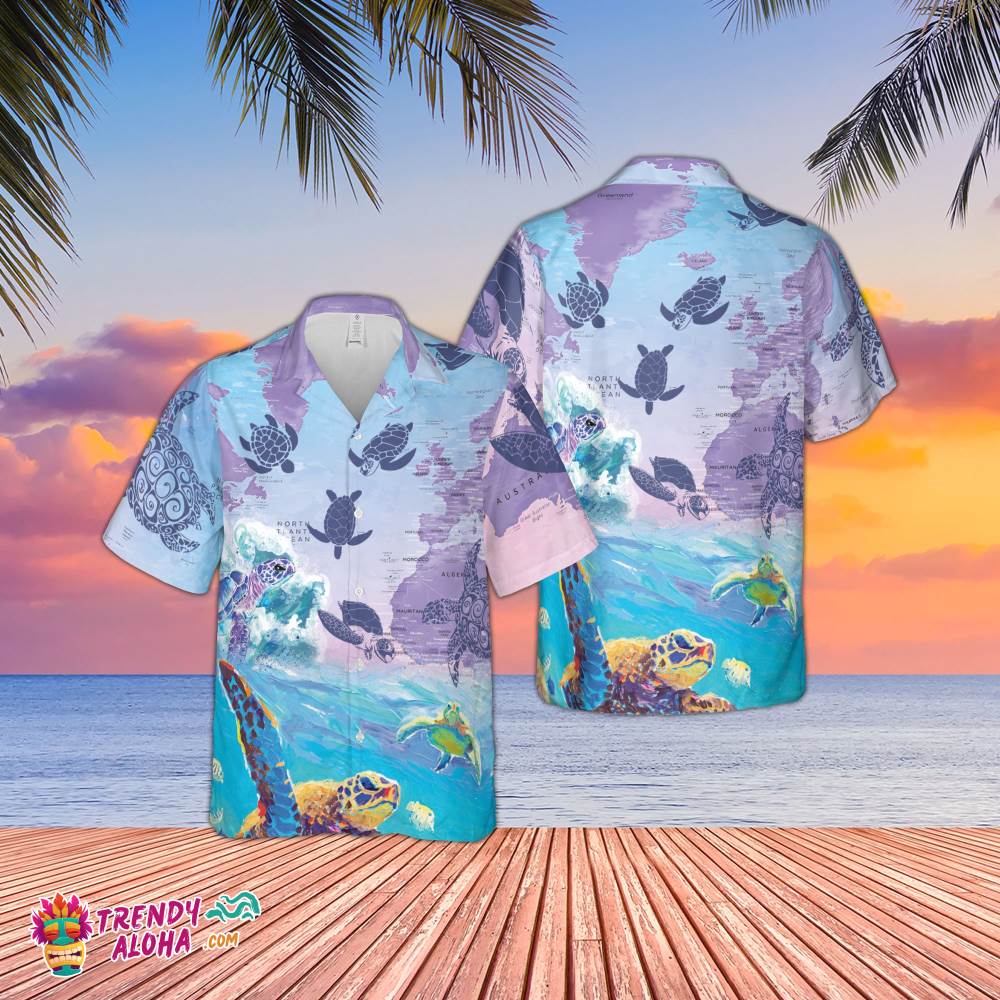 Sea Turtle Hawaiian Shirt, Turtle Lovers Hawaiian Shirt, Animal Lovers Shirt, Beach Life Shirt, Amazing Turtle Map Hawaiian Shirt