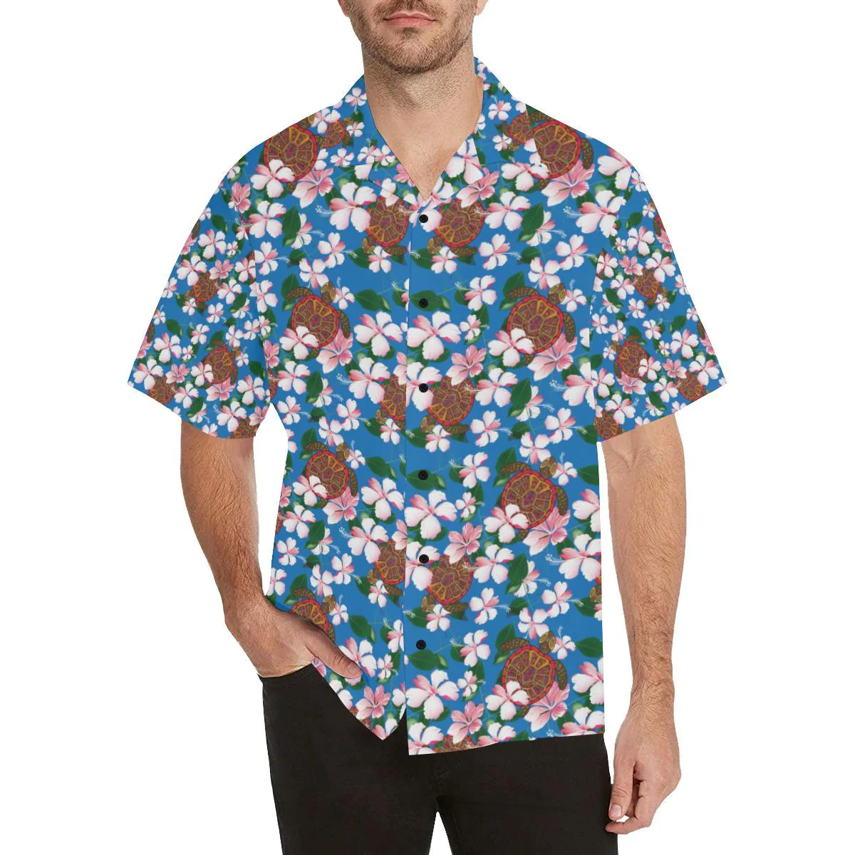 Sea Turtle Pink Hibiscus Hawaiian Print Trendy Hawaiian Shirt, Turtle Lover Trendy Hawaiian Shirt For
