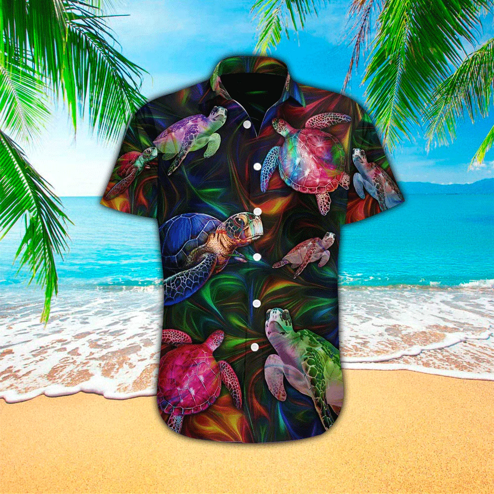 Sea Turtle With Tropical Leaf Flower 3D Print Polyester Trendy Hawaiian Shirt