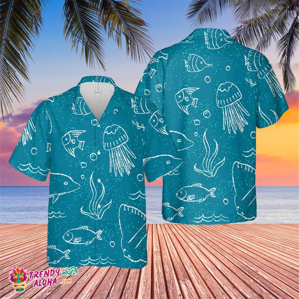 Sealife Hand Drawn Trending Hawaiian Shirt, Summer Vacation Hawaiian Shirt