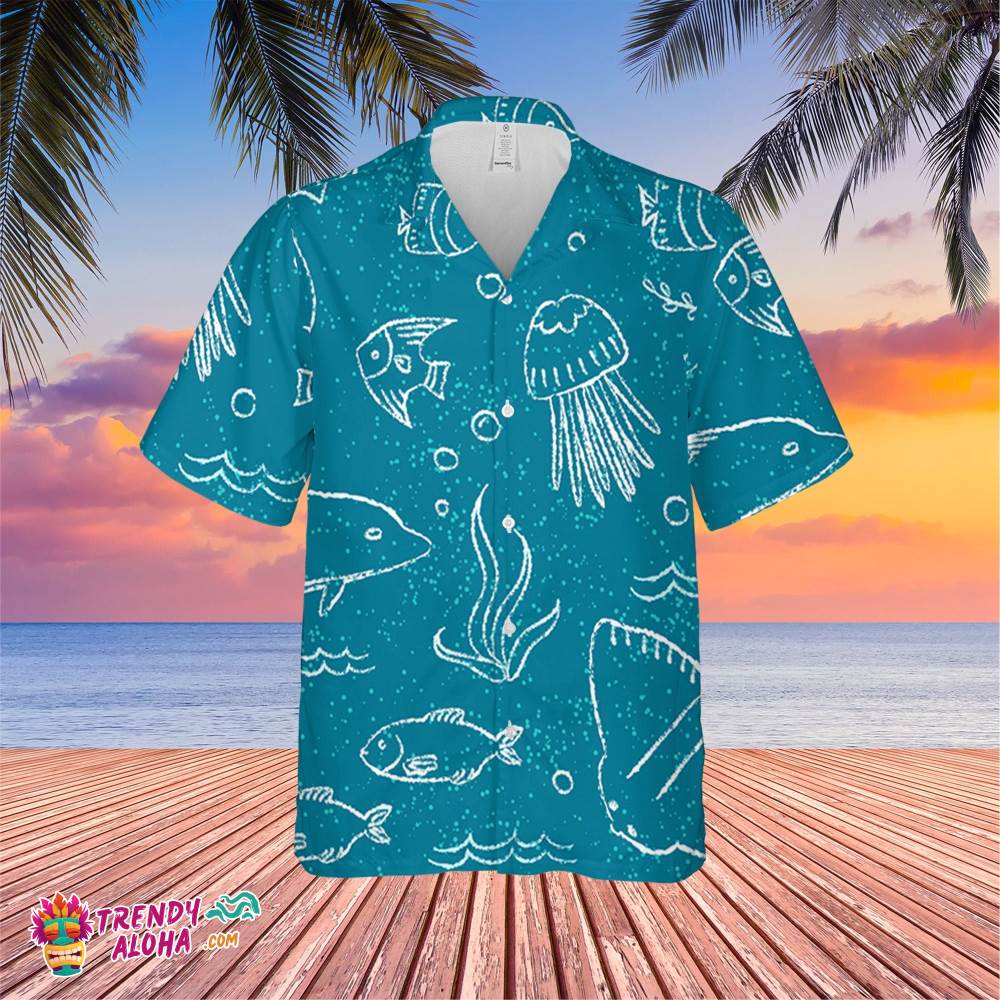 Sealife Hand Drawn Trending Hawaiian Shirt, Summer Vacation Hawaiian Shirt