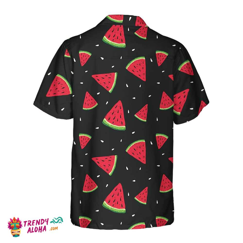 Seamless Hand Drawn Watermelon Pattern Hawaiian Shirt, Black Watermelon Print Shirt For Men & Women
