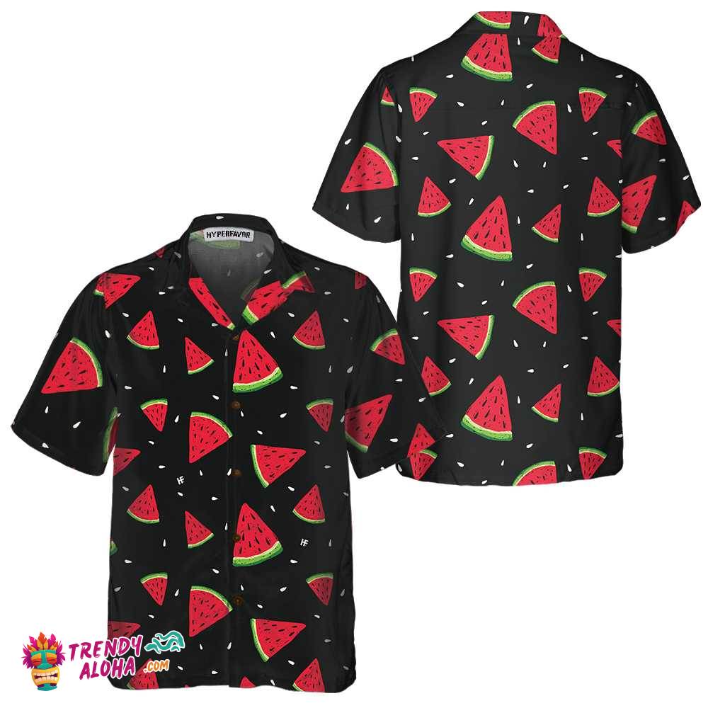 Seamless Hand Drawn Watermelon Pattern Hawaiian Shirt, Black Watermelon Print Shirt For Men & Women