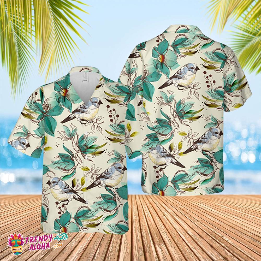 Seamless Pattern Cute Flowers And Birds Hawaiian Shirt, Short Sleeve Hawaiian Aloha Shirt, Flowers And Birds Birthday Hawaiian