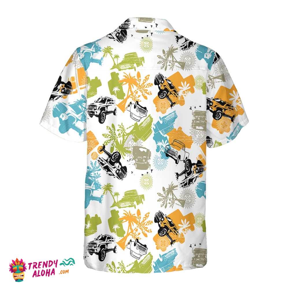 Seamless Tropical Plants Pattern With Jeeps Hawaiian Shirt, Colorful Jeep Beach Shirt For Men