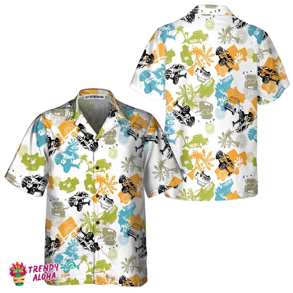 Seamless Tropical Plants Pattern With Jeeps Hawaiian Shirt, Colorful Jeep Beach Shirt For Men Seamless Tropical Plants Pattern With Jeeps Hawaiian Shirt, Colorful Jeep Beach Shirt For Men