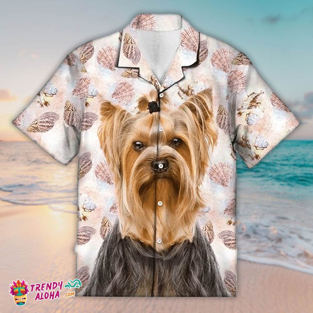 Seashells And Cute Yorkshire Terrier Colorful Hawaiian Aloha Beach Shirt