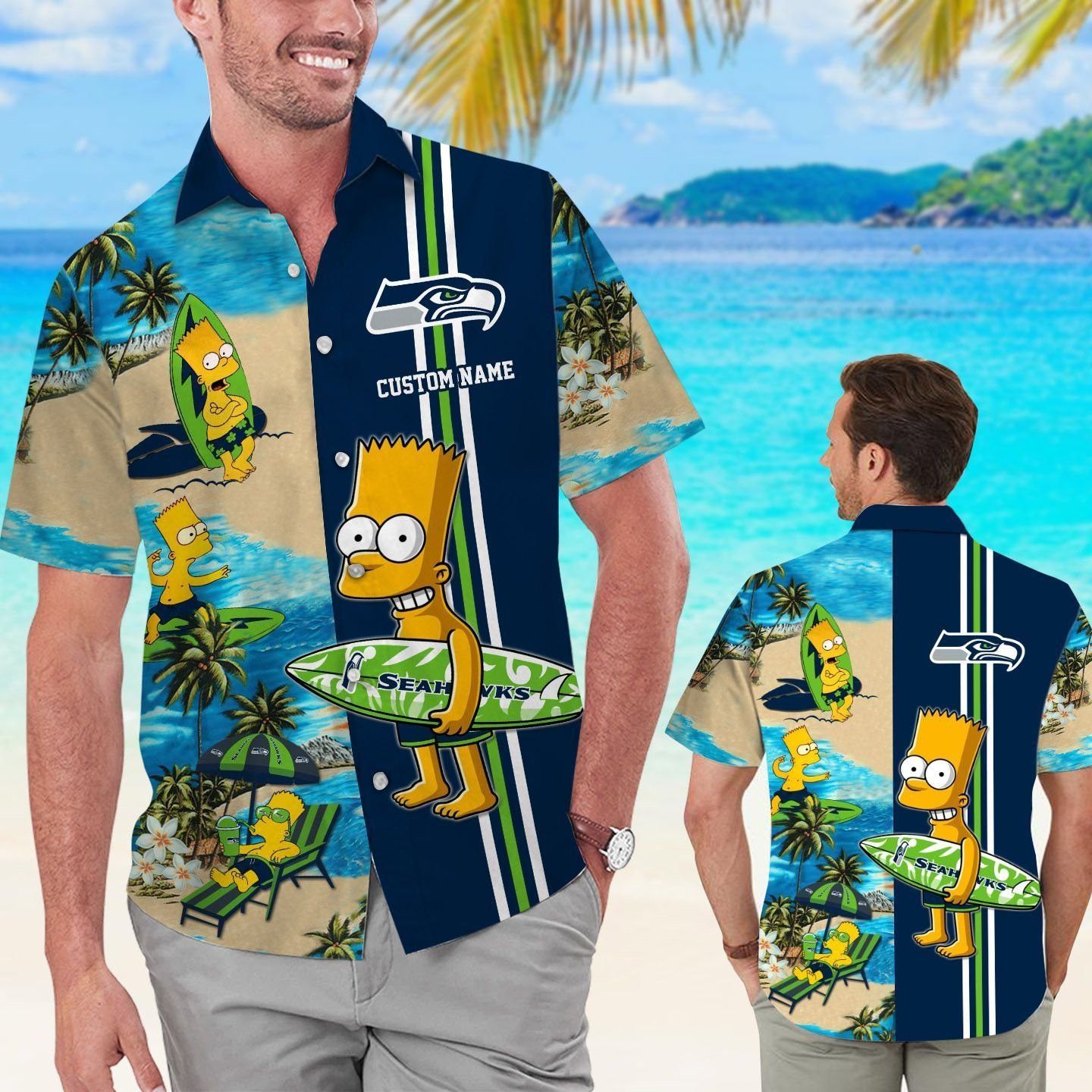 Seattle Seahawks Simpsons Name Personalized Short Sleeve Button Up Tropical Hawaiian Shirt