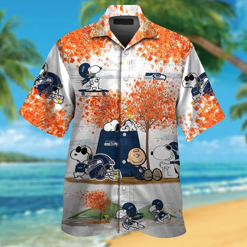 Seattle Seahawks Snoopy Autumn Short Sleeve Button Up Tropical Hawaiian Shirt