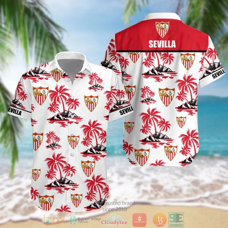 Sevilla Fc Coconut Tree White Red Trendy Hawaiian Shirt Aloha Shirt