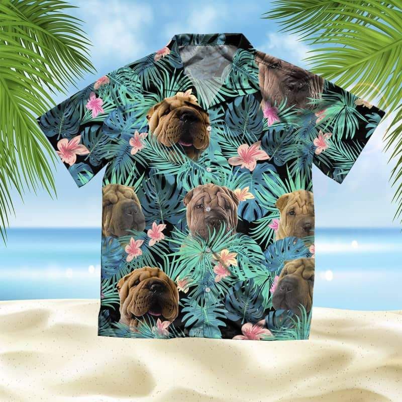 Shar Pei Dog Hawaiian Shirt with Summer Leaves Unisex Design