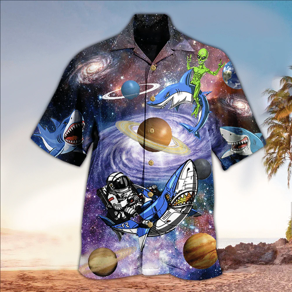 Shark Alien Space Hawaiian Aloha Shirt for Shark Enthusiasts