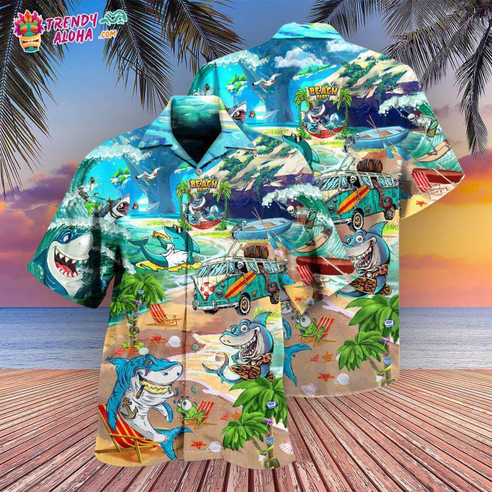 Shark And Skeletons On Beach Party Hawaiian Shirt – Trendy Aloha