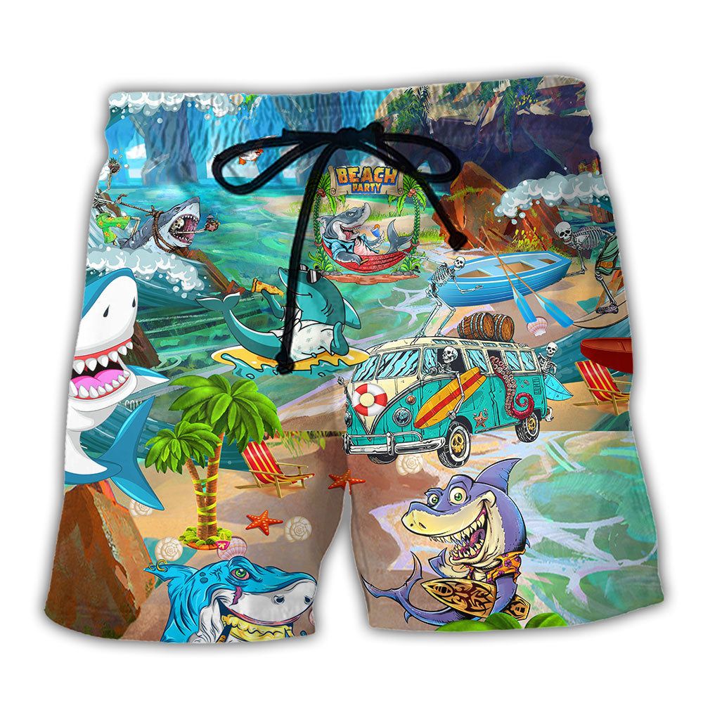 Shark And Skeletons On Summer Beach Party Trendy Aloha Hawaiian Beach Shorts