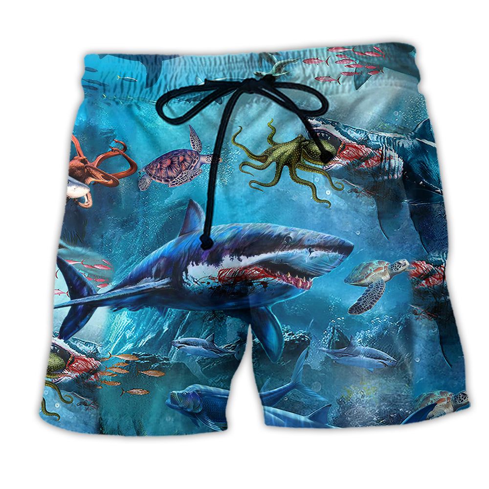 Shark Assassin Style Blue Trendy Aloha Hawaiian Beach Shorts Shark Assassin Style Blue Trendy Aloha Hawaiian Beach Shorts