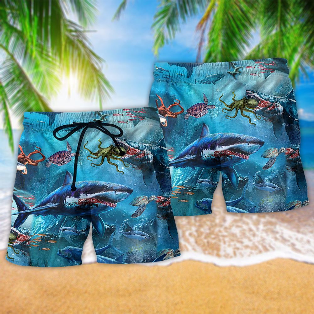 Shark Assassin Style Blue Trendy Aloha Hawaiian Beach Shorts