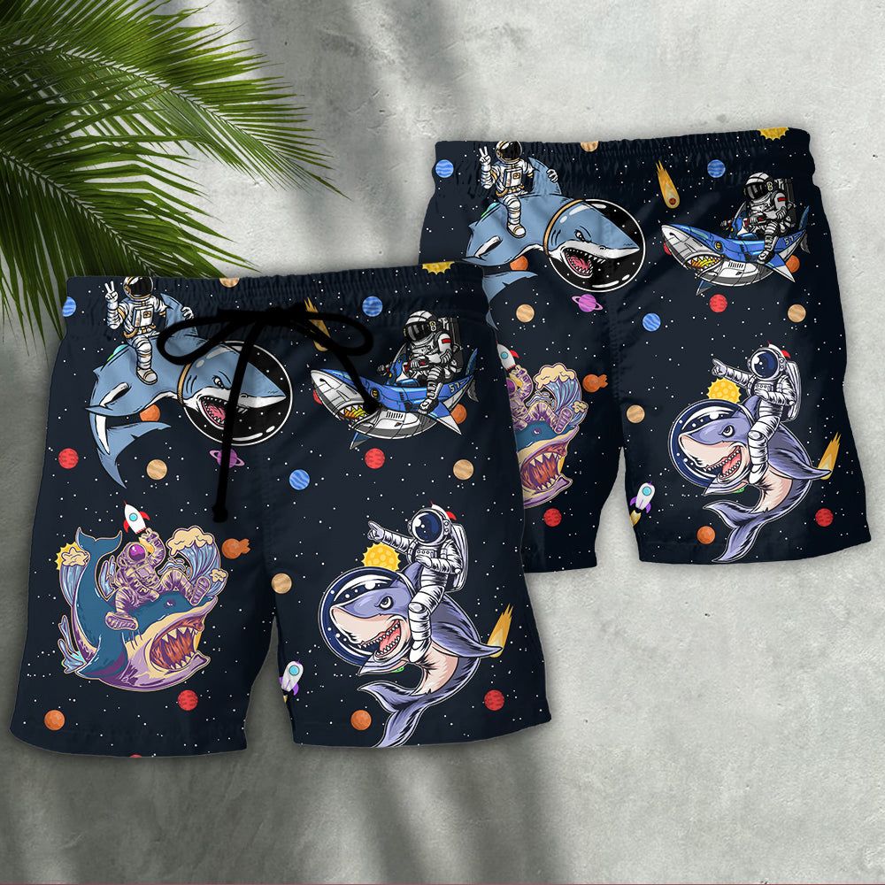 Shark Astronaut Galaxy Sky Trendy Aloha Hawaiian Beach Shorts
