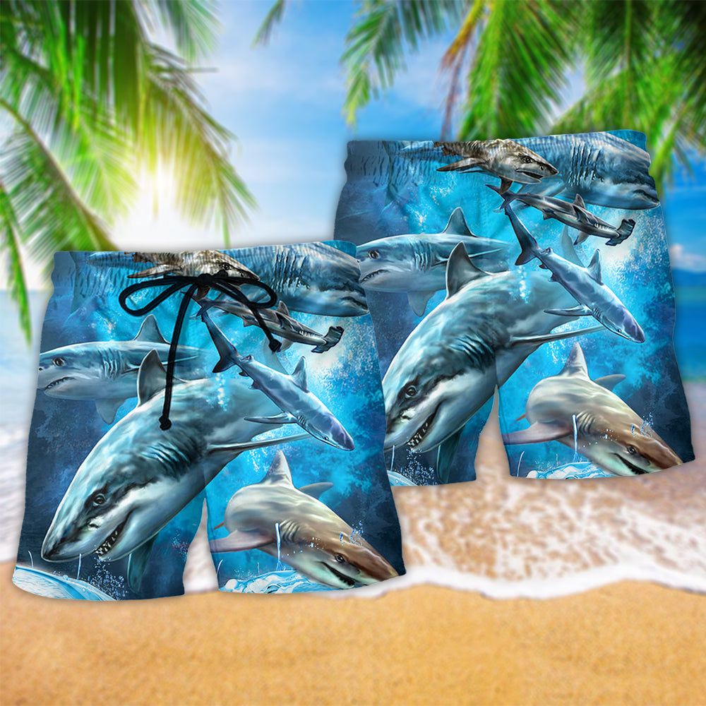 Shark Blue Ocean Life Basic Trendy Aloha Hawaiian Beach Shorts