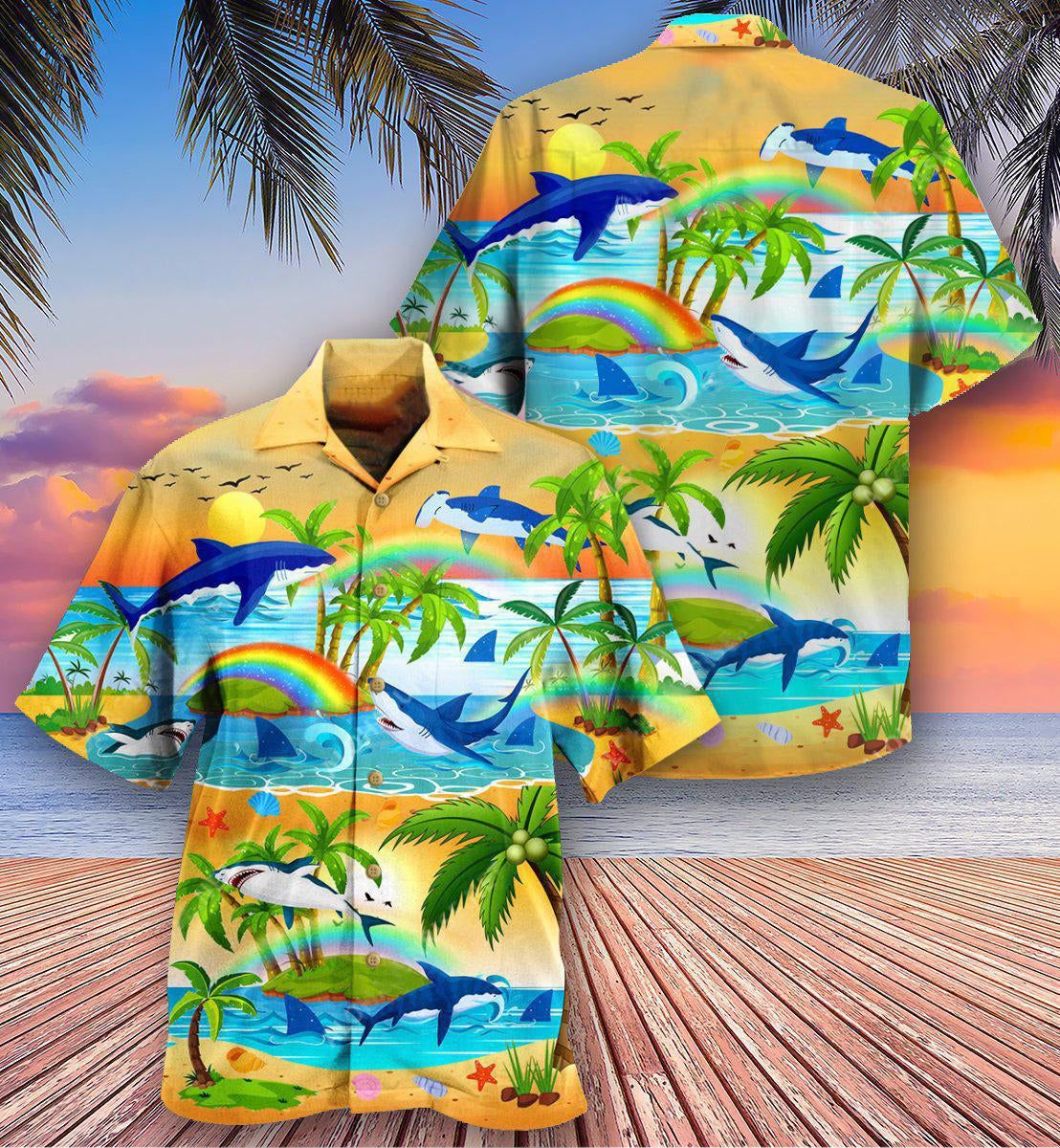 Shark Bright Rainbow And Sharks Hawaiian Shirt