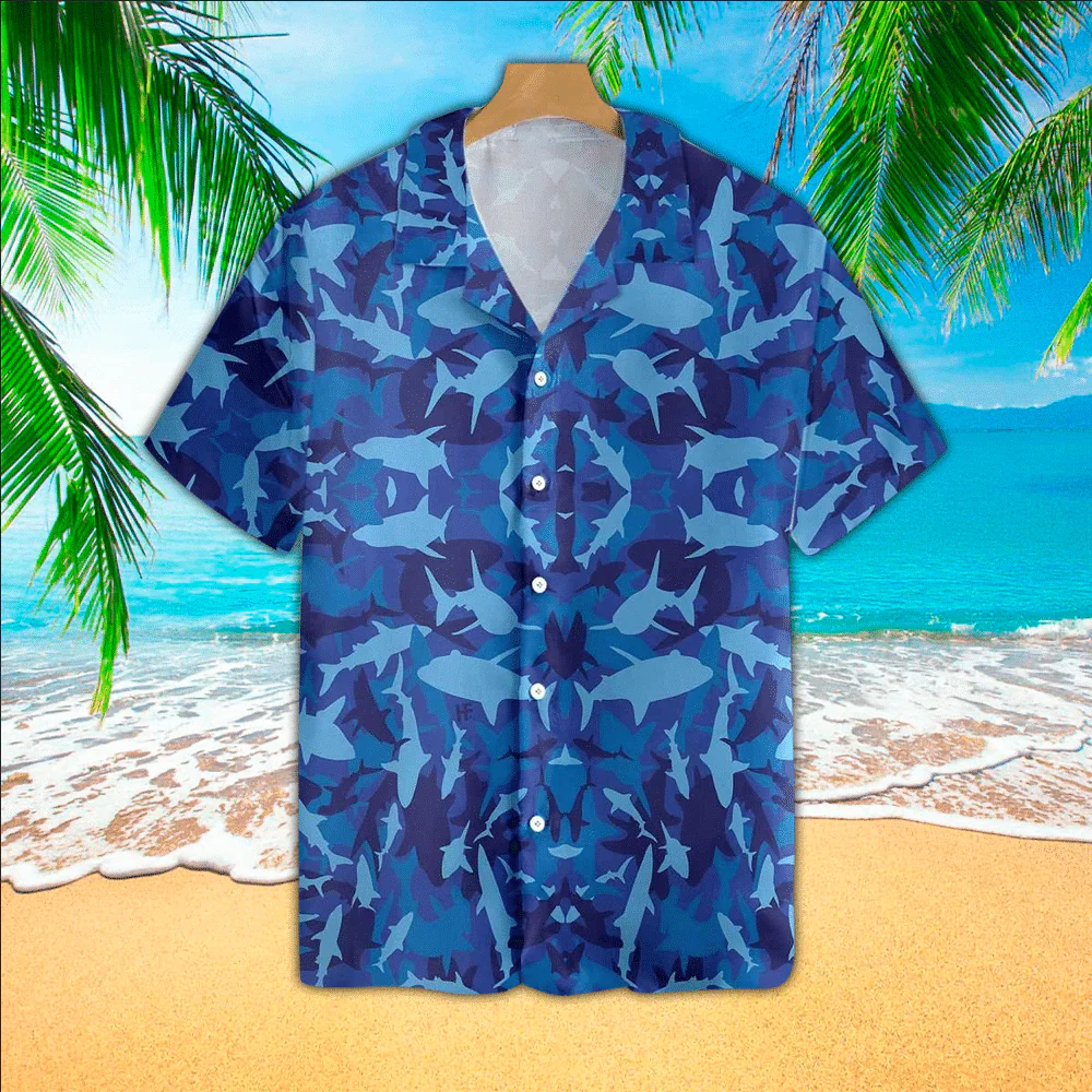 Shark Camo Trendy Hawaiian Shirt, Aloha Shirt For