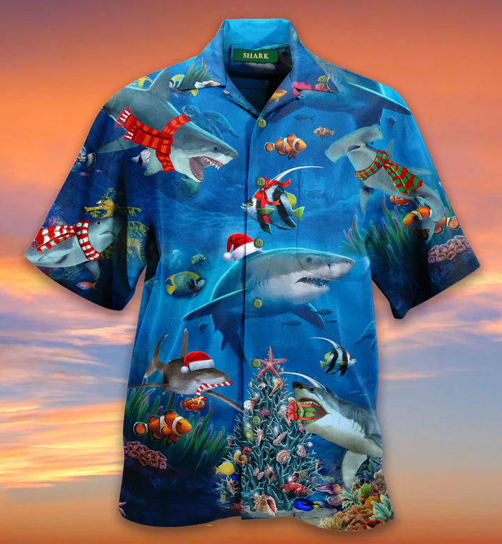 Shark Christmas Coral Tree Clown Fish Santa Hat Blue Ocean Trendy Hawaiian Shirt 3D, Coral Trendy Hawaiian Shirt For Summer Gifts