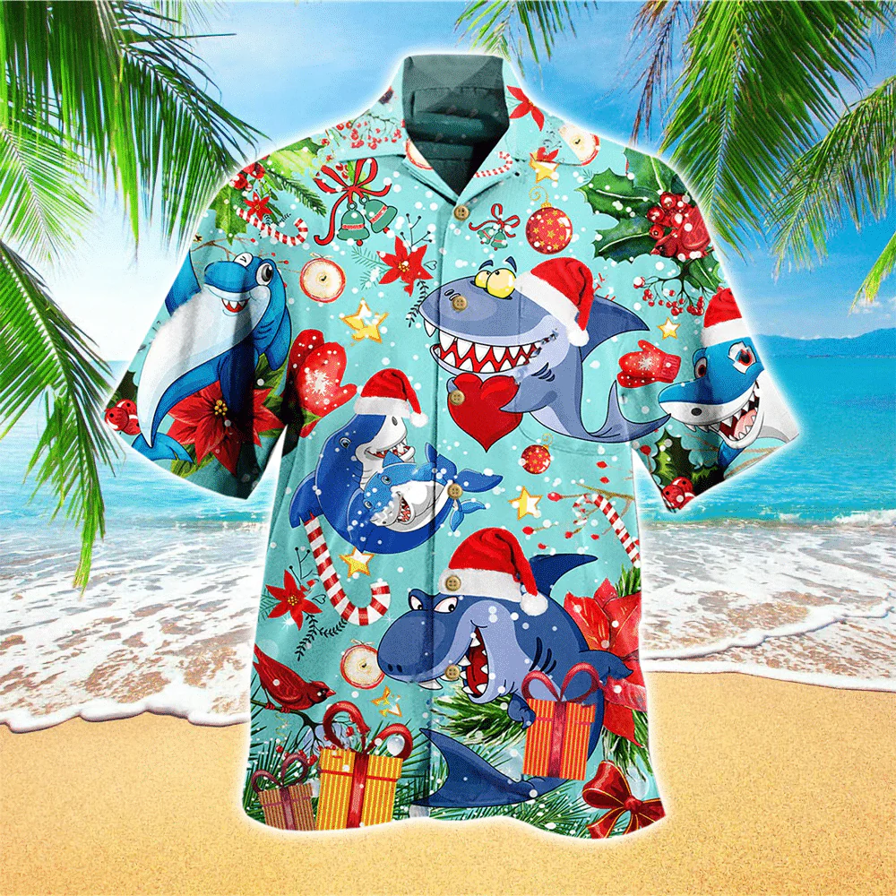 Shark Christmas Trendy Hawaiian Shirt, Shark Lover Trendy Hawaiian Shirt For Shark Christmas Trendy Hawaiian Shirt, Shark Lover Trendy Hawaiian Shirt For