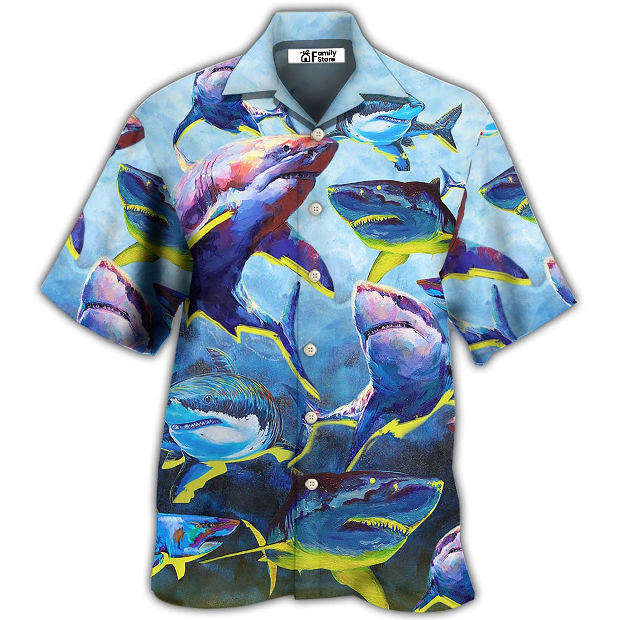Shark Family Blue And Yellow Light Hawaiian Shirt Shark Family Blue And Yellow Light Hawaiian Shirt
