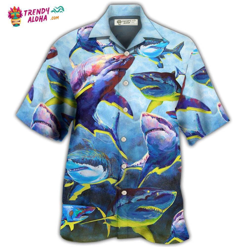 Shark Family Blue And Yellow Light Hawaiian Shirt – Trendy Aloha