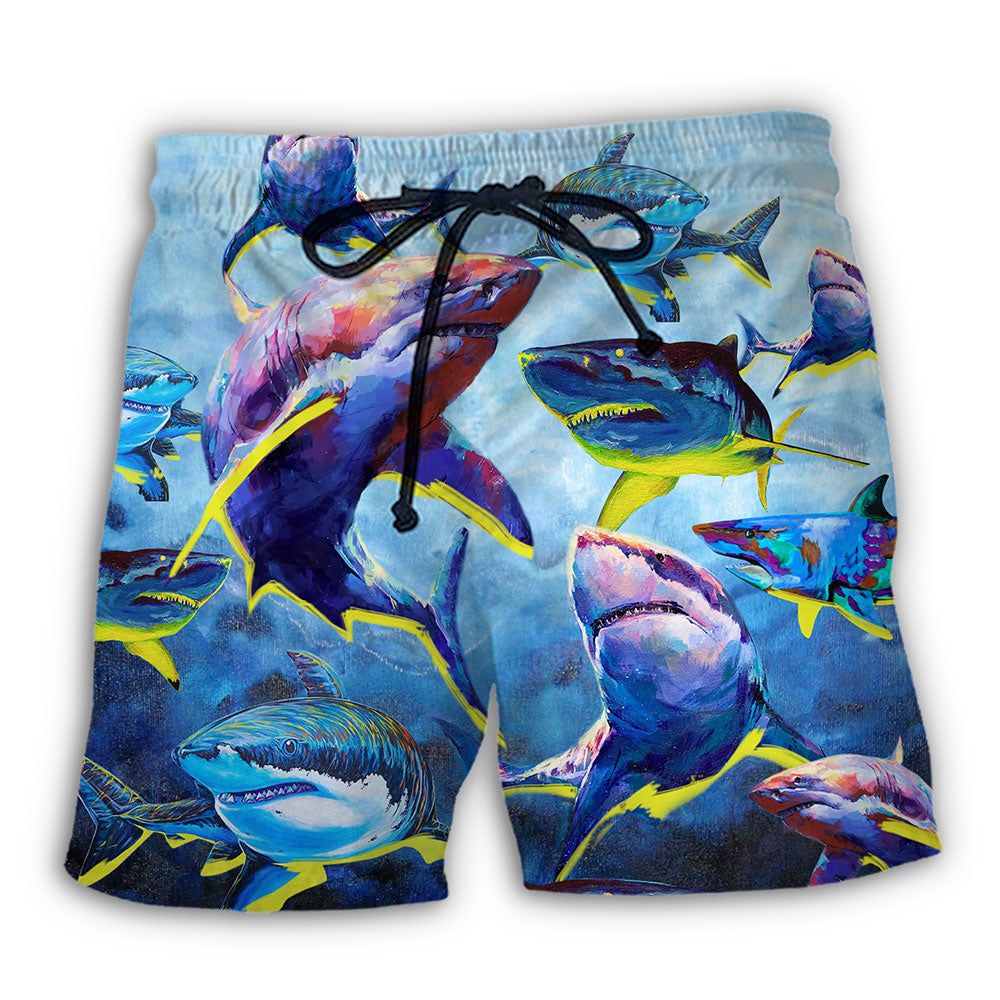 Shark Family Blue And Yellow Light Trendy Aloha Hawaiian Beach Shorts