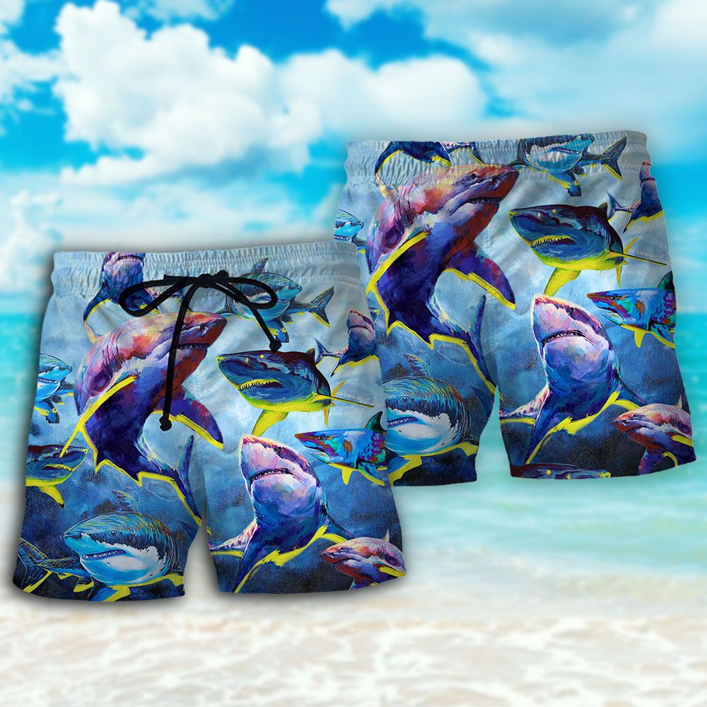 Shark Family Blue And Yellow Light Trendy Aloha Hawaiian Beach Shorts