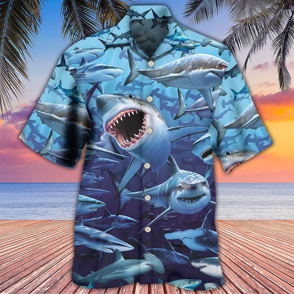 Shark Family Hunting Together Hawaiian Shirt
