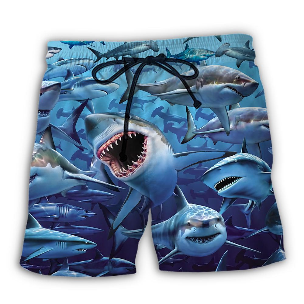 Shark Family Hunting Together Trendy Aloha Hawaiian Beach Shorts