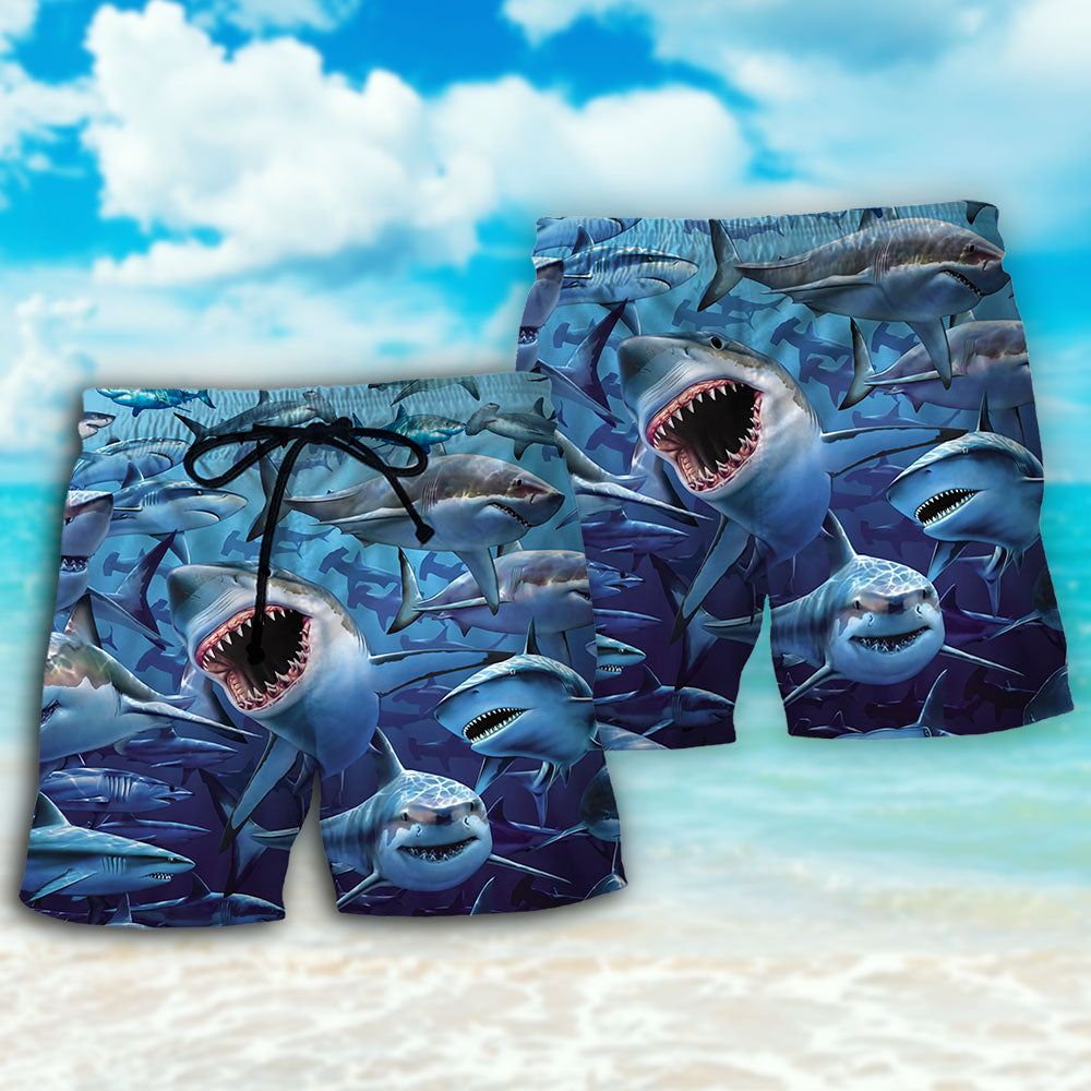 Shark Family Hunting Together Trendy Aloha Hawaiian Beach Shorts