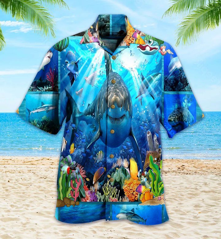 Shark Fish Coral Blue Trendy Hawaiian Shirt 3D Summer Gifts