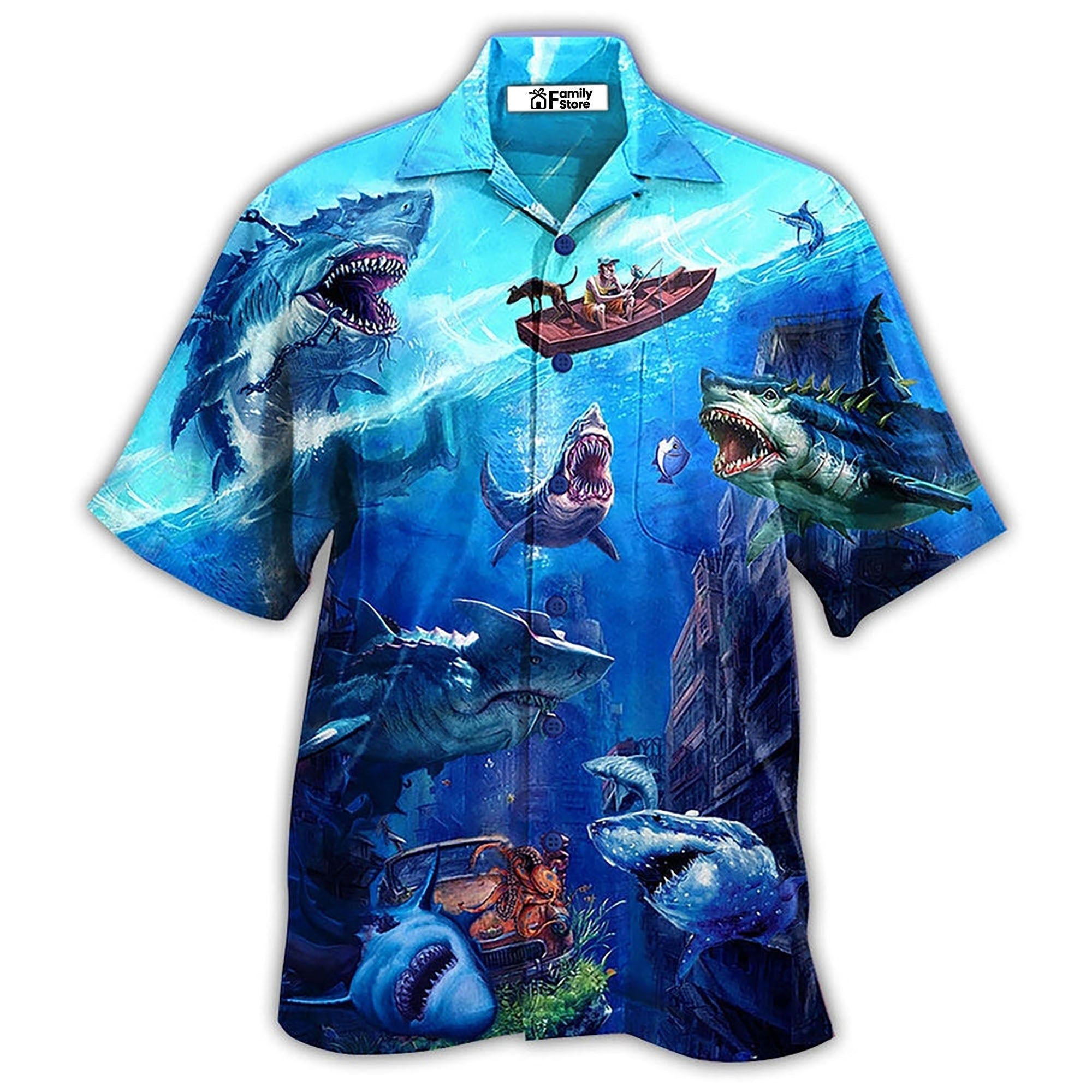 Shark Fishing Shark With Small Ship Blue Ocean Hawaiian Shirt Shark Fishing Shark With Small Ship Blue Ocean Hawaiian Shirt