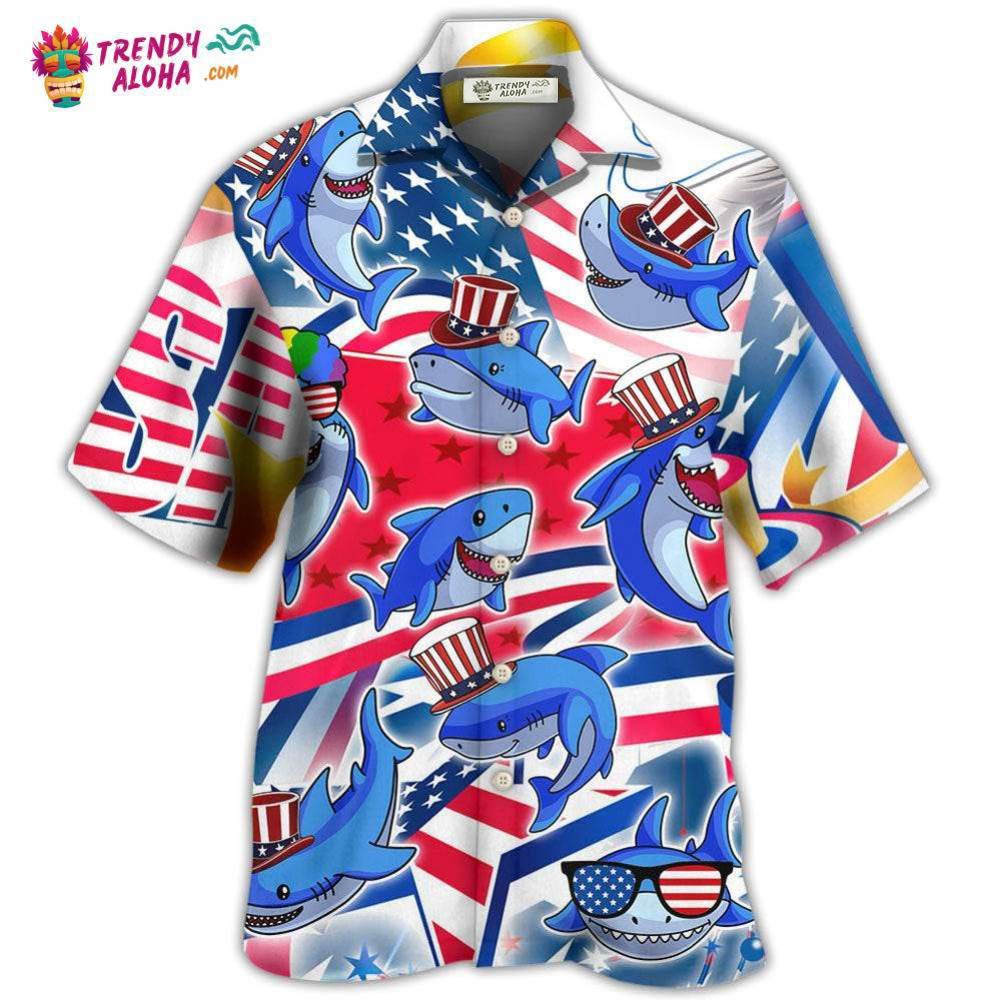 Shark Funny Usa Flag Independence Day Hawaiian Shirt – Trendy Aloha