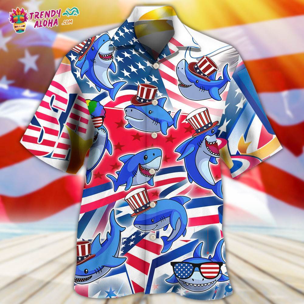 Shark Funny Usa Flag Independence Day Hawaiian Shirt – Trendy Aloha