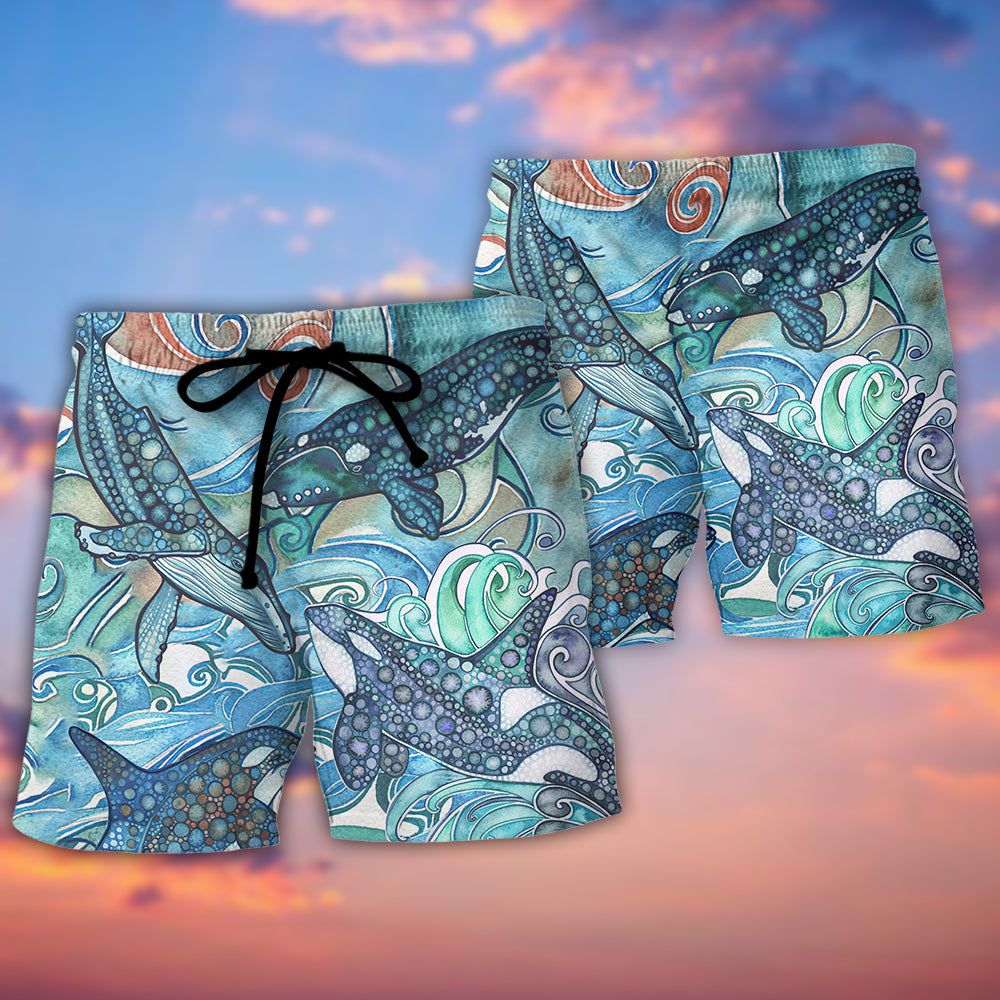 Shark Jumping In The Ocean Stained Glass Trendy Aloha Hawaiian Beach Shorts