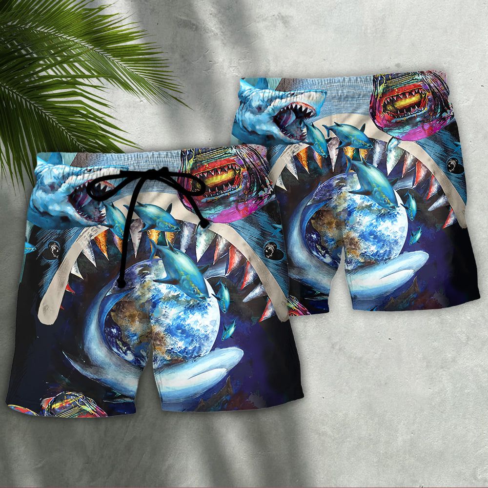 Shark Love Earth Peace Trendy Aloha Hawaiian Beach Shorts