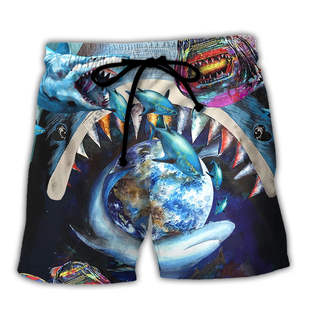 Shark Love Earth Peace Trendy Aloha Hawaiian Beach Shorts